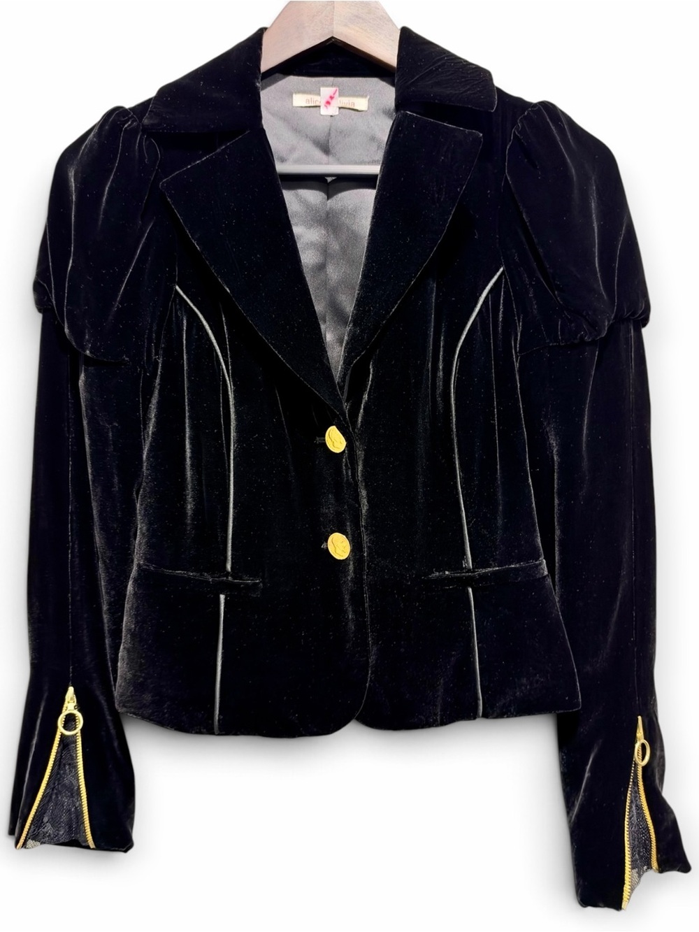 Alice + Olivia Black Silk Blend Velvet Puff Sleeve Blazer XS Lace Cuffs Goth